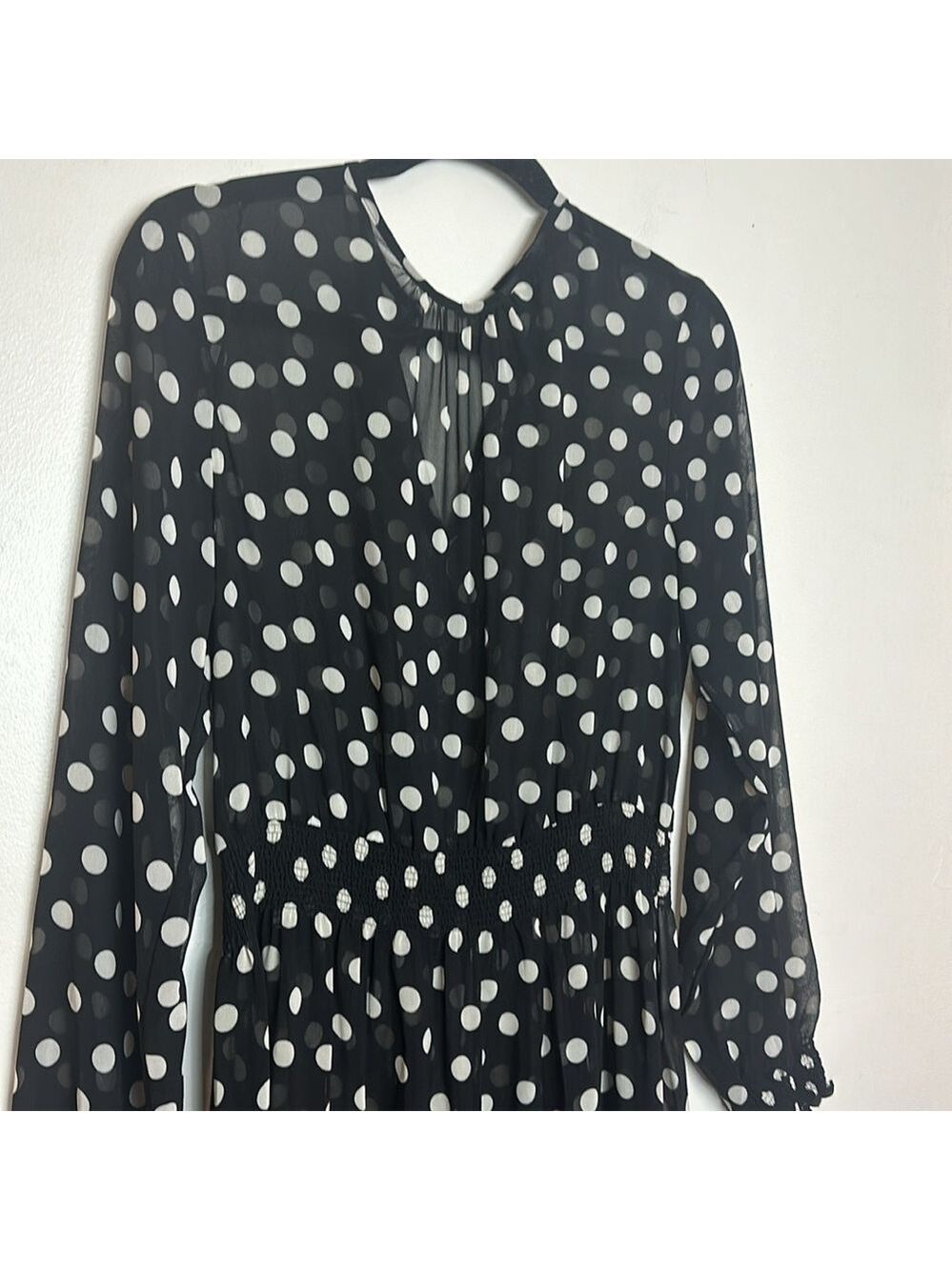 Olivaceous Polka Dot Smocked Waist Sheer Dress with Black Under Slip - Picture 7 of 14